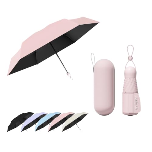 Mini Paraguas Plegable con Correas Anchas y Cordón Retráctil/Ligero/Bolsillo/Portátil/Caja de Paraguas/Protección UV/Secado Rápido/Soleado Lluvioso/6 Varillas/Vogue/Mujer/Niños