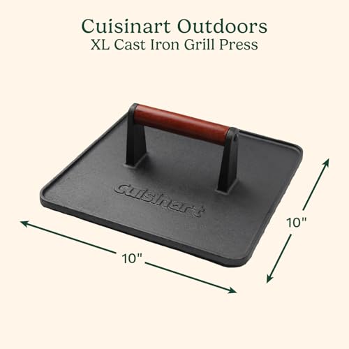 Image of Cuisinart XL Cast Iron Grill Press, 10 inch x 10 inch Heavy-Duty Nonstick Smash Burger Steak Press with Wooden Handle, Perfect Grill Accessory Ideal for Grilling, Paninis, and BBQs