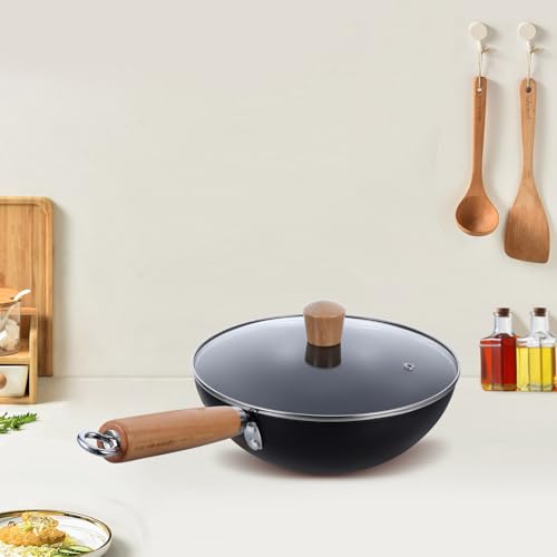 Wok de hierro con tapa y mango de madera antideslizante miniatura 6
