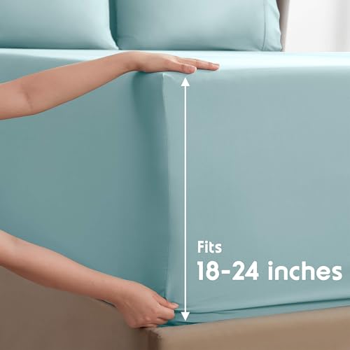 Image of Nestl Extra Deep Cal King Sheet Set - 6 Piece Breathable & Cooling Sheets - Hotel Luxury Bedding Set w /18-24 Inch Deep Pockets - Easy & Secure Fit - Super Soft, Wrinkle Free & Comfy - Light Blue