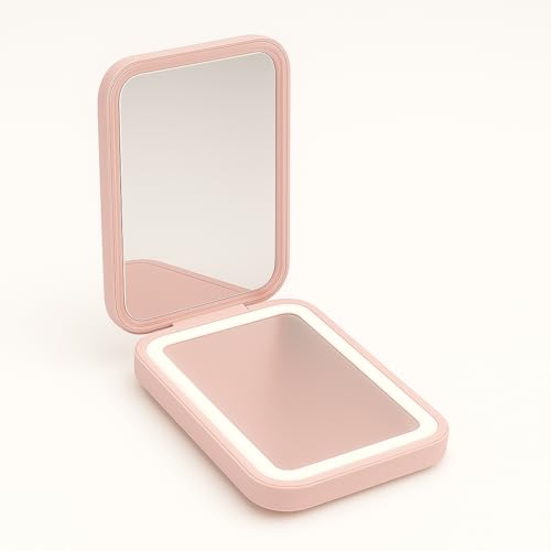 Espelho Compacto com Luz, Espelho de Bolso LED com Ampliação 1X/3X com Cabo de Dados USB, Mini Espelho Quadrado Branco ou Rosa para Bolsa, Viagem e Presente (Rosa)