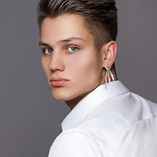 Halawly Stainless Steel Feather Chain Earrings For Men Women Sliver Gold Black Punk Long Dangle Earrings Set Lightweight Fashion Party Birthday Jewelry #TOP6