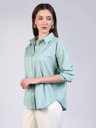 Image of Urbano Fashion Women's Cotton Full Sleeve Oversized Fit Casual Solid Slub Shirt with Spread Collar