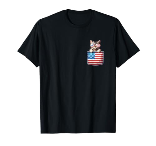 Cat American Flag Pocket 4th Of July Patriotic Kitten Lover T-Shirt