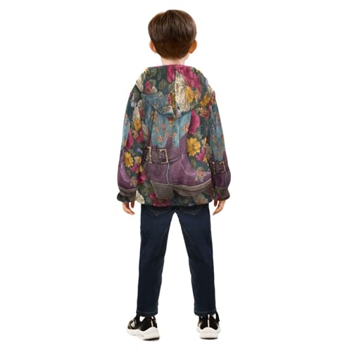 Floral Cowboy Boots Toddler Fleece Jacket Girl Boys Hooded Fleece Jacket Coat Warm Outwear Zip-up 3-10T4
