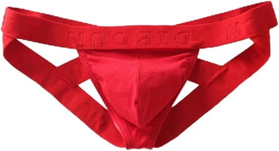 Evankin Men's Sexy Underwear Fun Jockstrap Underpants Cotton U Convex Pouch Belt Open Thong Underwear for Men（Red-L）