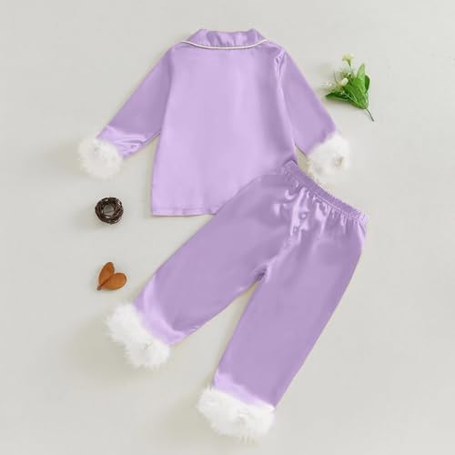 Girls Christmas Silk Satin Sets Clothes 𝐏ajamas Solid Long Sleeve Tops Pants Feather Trim Warm Fall Winter2