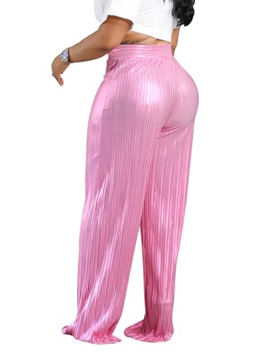 Yuopeid Women's Fashion Shiny High Waist Party Trouser Elastic Palazzo Shimmer Wide Leg Night Club Pant2
