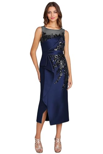 Satin Formal Cocktail Dress Tea Length Crew Neck Sleeveless Mother of The Bride Dresses for Women with Lace Appliqué4