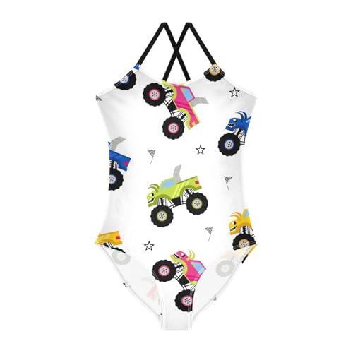 Girls One Piece Swimsuits Monster Truck Pattern Cartoon Sport Halter Swimwear Beach Bathing Suit,7-8T