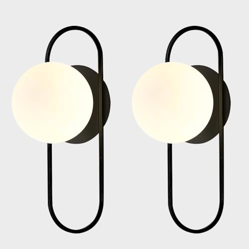 Image of Black Glass Globe Wall Sconce Set of Two Frosted Globe Wall Light Mid Century Modern Wall Sconce Oval Wall Lamp for Bedroom Bedside Bathroom