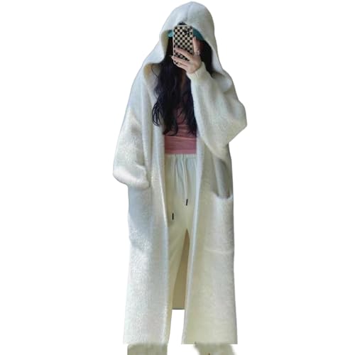 MOLERFO Long Fuzzy Cardigan Hooded Oversized Open Front Mohair Sweater Women Soft Cozy Warm Trendy Coquette Loungewear White