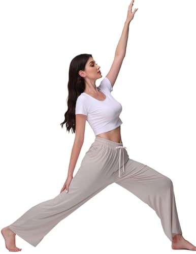 Image of Veseacky Women's Wide Leg Lounge Pants Yoga Pajamas Comfy Stretch Drawstring Pajamas Puls Size Dance Bottoms S-4XL
