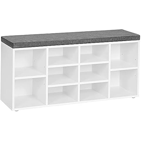 VASAGLE Schuhbank, Schuhregal, Schuhaufbewahrung, Sitzbank, 10 Fächer, mit Polsterung, für den Eingangsbereich, Flur, Schlafzimmer, 30 x 104 x 48 cm, weiß-grau LHS10WT Cover