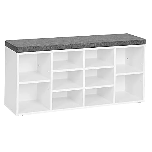VASAGLE Shoe Bench, Storage Bench, Shoe Rack Bench, Shoe Shelf, Storage Cabinet, 10 Compartments, with Cushion, for Entryway, 11.8 x 40.9 x 18.9 Inches, White and Gray ULHS10WT