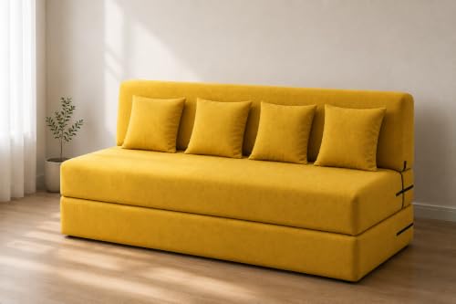 Image of Four Seater Sofa Cum Bed 6x6 Ft with Soft Foam Cushioning, Comfortable Foldable Sofa Bed for Living Room, Bedroom, Guest Room & Office(Yellow)