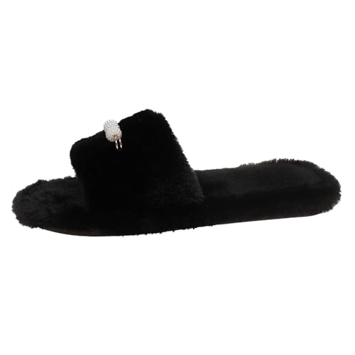 Pantuflas peludas para mujer, para uso al aire libre, detalle de perlas, antideslizantes, acogedoras, cómodas para mujer, 01 Negro, 38 EU