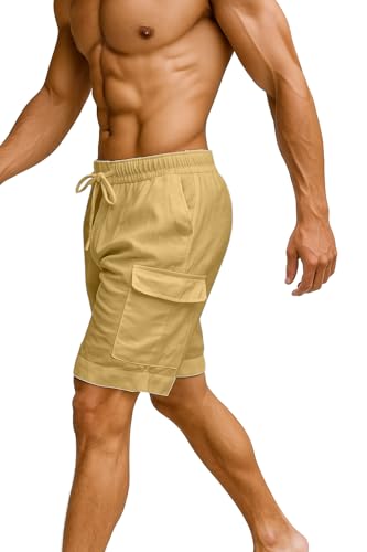 Image of INKKR Men's Cargo Linen Shorts Beach Shorts Drawstring Elastic Multi Pocket Plain Comfort Breathable Knee Length Cotton Shorts