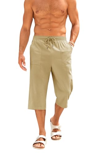 Runcati Bermuda 3/4 pour homme en coton et lin - Longueur 3/4 - Pantalon d'été - Yoga - Jogging -...