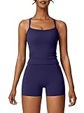 ODIZLI SPORT SET DAMEN ÄRMELLOS TOP MIT INTEGRIERTEM BH + HIGH WAIST SHORTS KURZ SPORTHOSE OUTFIT SPORTBEKLEIDUNG FRAUEN SPORTSET GYM WORKOUT YOGA FITNESS SPORTANZUG SPORTKLEIDUNG DUNKELBLAU XS