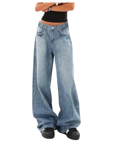 SweatyRocks Girl's Wide Leg Denim Pants Elastic Waist Loose Y2K Jeans Long Trousers