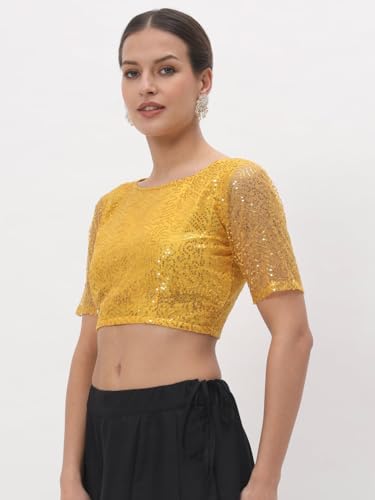 Image of studio rasa Women's Net Sequin Embroidered Sheer Sleeves Readymade Saree Blouse for Wedding Festive Party