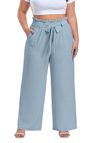 Image of OLRIK Women's Plus Size Pants Adjustable High Waisted Wide Leg Palazzo Pants Casual Trousers with Pockets Spring Clothes