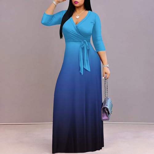 Image of PinkPatty Women's Plus Size Maxi Dress Casual 3 /4 Sleeve Dress with Belt | Soft stretch feel, printed style, flowy A-line fit, v neck, waist tie, side pockets, for vacation, party and daily wear