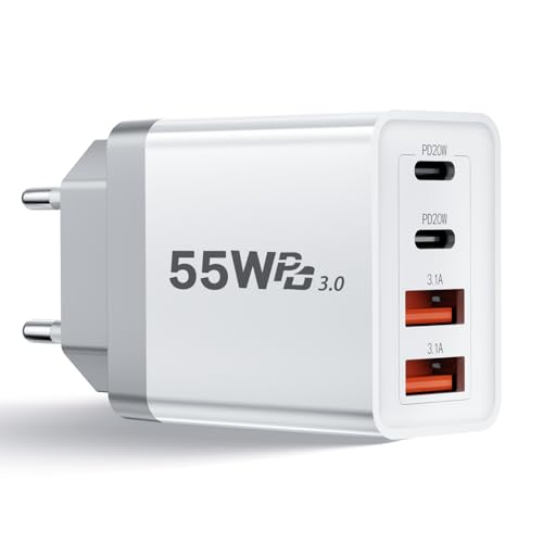 【55 W Caricabatterie Rapido USB C】Caricatore USB C progettato per fornire un’alimentazione rapida. Questo caricabatterie USB C include 2 porte PD 20W e 2 porte USB 5V3.1A, garantisce una ricarica rapida ed efficiente, permettendo al tuo smartphone di caricarsi dallo 0 al 100% in 90 minuti