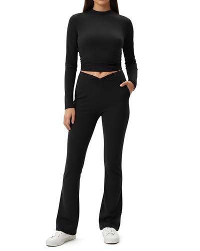 MANGOPOP Women's 2 Piece Lounge Sets Long Sleeve Cropped Top V-Cut Flare Leggings Set Casual Soft Outfit Pajamas Black, X-Small