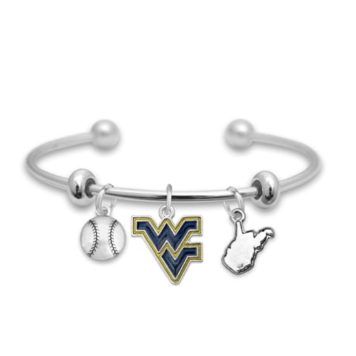 From the Heart West Virginia Mountaineers Baseball Accent Charm Team Traditions Cuff Bracelet with Team Color Logo, Baseball and State Accent Charm Officially Licensed Jewelry Fan WVU