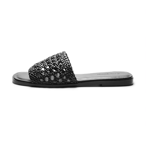 Image of C.Paravano Womens Slides Woven Flats Raffia Sandals Summer Beach Slip ons | handmade woven crafts, Nappa lambskin Insole, Lightweight, Open toe