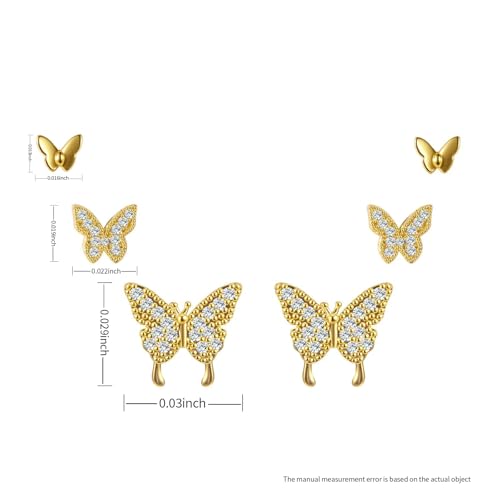3 Pairs 14K Gold Plated 925 Sterling Silver Posts Bow Earrings for Women, Cubic Zirconia Bow Butterfly Stud Earrings Hypoallergenic Earrings Fashion Jewelry Gifts for Women4