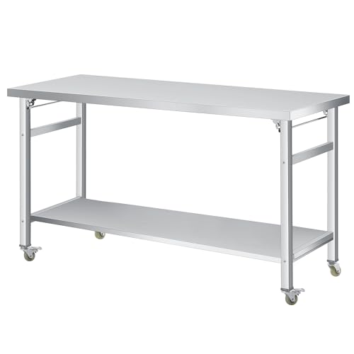 Folding Stainless Steel Table, 60x24 in, Commercial Work Table w/Lockable Casters & Undershelf, Foldable Double-Tier Stainless Steel Workstation for Kitchen, Restaurant, Garage, Camping, Outdoor