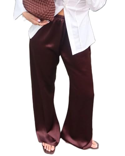 Image of Acrawnni Women Satin Wide Leg Dress Pants Silk Casual Dressy Long Flowy Pants Elastic High Waisted Drawstring Straight Leg Trousers (C-Dark Brown, L)