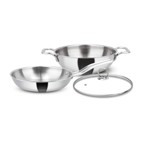 Image of Orange Stainless Steel Triply 3 pc Combo Cookware Set | (Kadai 3ltr, 24cm) & (Fry pan 1.5ltr, 22cm) with Glass lid | Induction Friendly | 2.5mm Thickness | 5Year Warranty | Silver