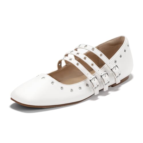 IDIFU Mary Jane Flats Square Toe Strappy Three Staps Ballet Flats Dress Shoes Vintage Bridal Ladies Dressy Comfortable Casual Formal Cute Flats Work Wedding Evening Flat Shoes