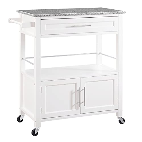 Linon Cameron Wood Granite Top Rolling Kitchen Cart Ample Storage in White