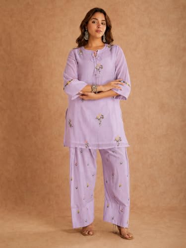 Image of ANNI Designer Farshi Salwar Suit for Women Viscose Embroidered | Co Ord Set for Woman | Straight Kurta Palazzo Outfit Round Neck V Slit 3 /4 Sleeve Ethnic Dress Womens Clothing