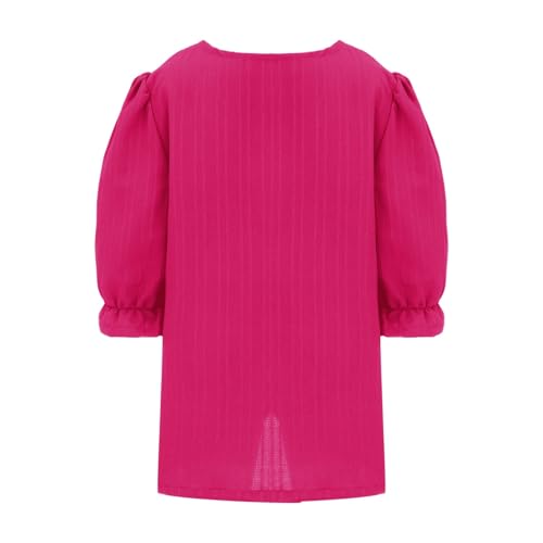 Girls V Neck Cotton Linen Shirts Puff Short Sleeve Blouses Tween Lace Trimmed Elegant Shirts Oversized Tunic Blouses4