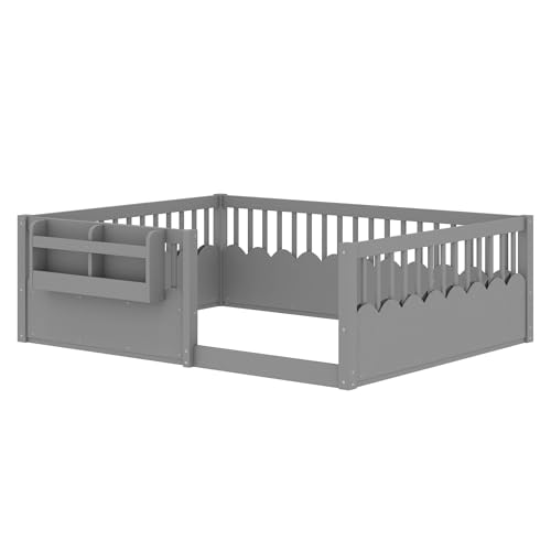 Image of Bellemave Full Size Kids Montessori Floor Bed,Solid Wood Floor Bed Frame with Bookshelf and High Fence for Kids,Girls,Boys,Gray