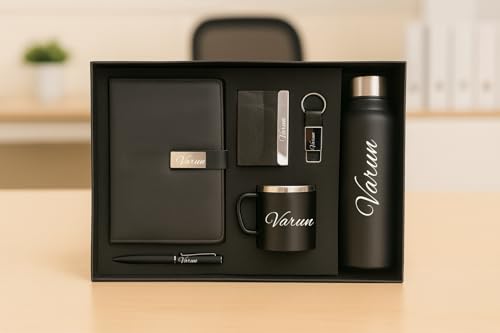 Image of YOUR GIFT STUDIO Customized Diary Gift Set | Personalised Diary, Card Holder, Keychian, Pen, Stainless Steel Mug and 750ml Bottle Personalized Gift for Birthday, Anniversary and Corporate (Black)