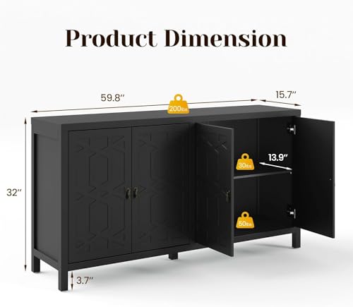 FansaFurn Storage Cabinet with 4 Doors, Mid-Century Sideboard Cabinet with Adjustable Shelves, Accent Cabinet for Entryway, Living Room, Dining Room, Bedroom, Black by FansaFurn - Image 2