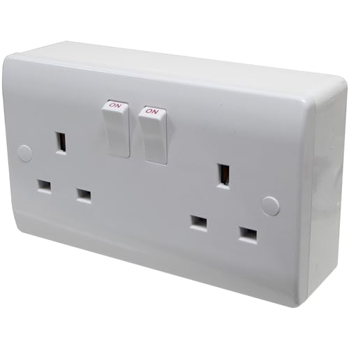 13 Amp 2 Gang Wall Socket and 32mm Surface Box with Knockouts for Conduit and Mini-Trunking