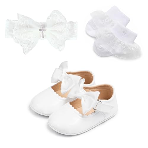 NEMOGLOBAL Baby Girl Baptism Dressup Accessories White Christening Outfit Socks Shoes Headband Christening Baptism Gift 3 Pcs (0-6Months, Style1)