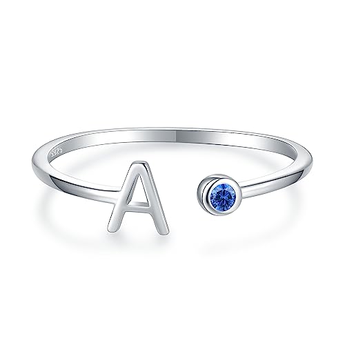 925 Sterling Silver Initial Letter Birthstone Rings for Women Adjustable 1-12 Month Birthstone Alphabet Stacking Ring Stackable Birthstone Rings Birthday Jewelry Gift for Daughter Mom (A, September-9)