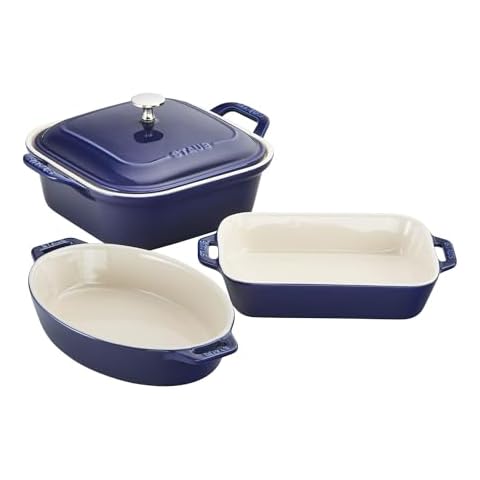 Staub Ceramics 4-pc Baking Pans Set, Casserole Dish with Lid, Brownie Pan, Dark Blue Cover