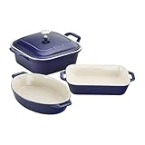 STAUB Ceramic 4-pc Baking Pans Set, Casserole Dish with Lid, Brownie Pan, Dark Blue