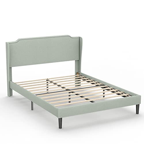 Bonsoir Queen Size Bed Frame Traditional Upholstered Low Profile Platform With Wing Back And Nail Trim Headboard/No Box Spring Needed/No Bed Skirt Needed/Soft Linen Fabric Upholstery/Light Green #TOP7