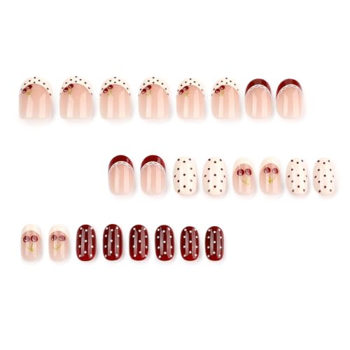Image of Red White Press on Nails Short Almond Fake Nails Polka Dot Nail Press ons